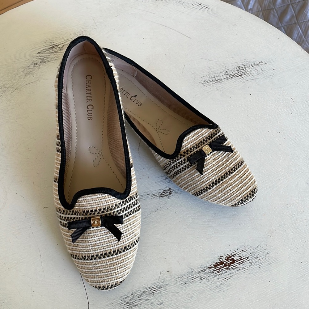 Charter club flats beige size 7.5 white and black with bows
